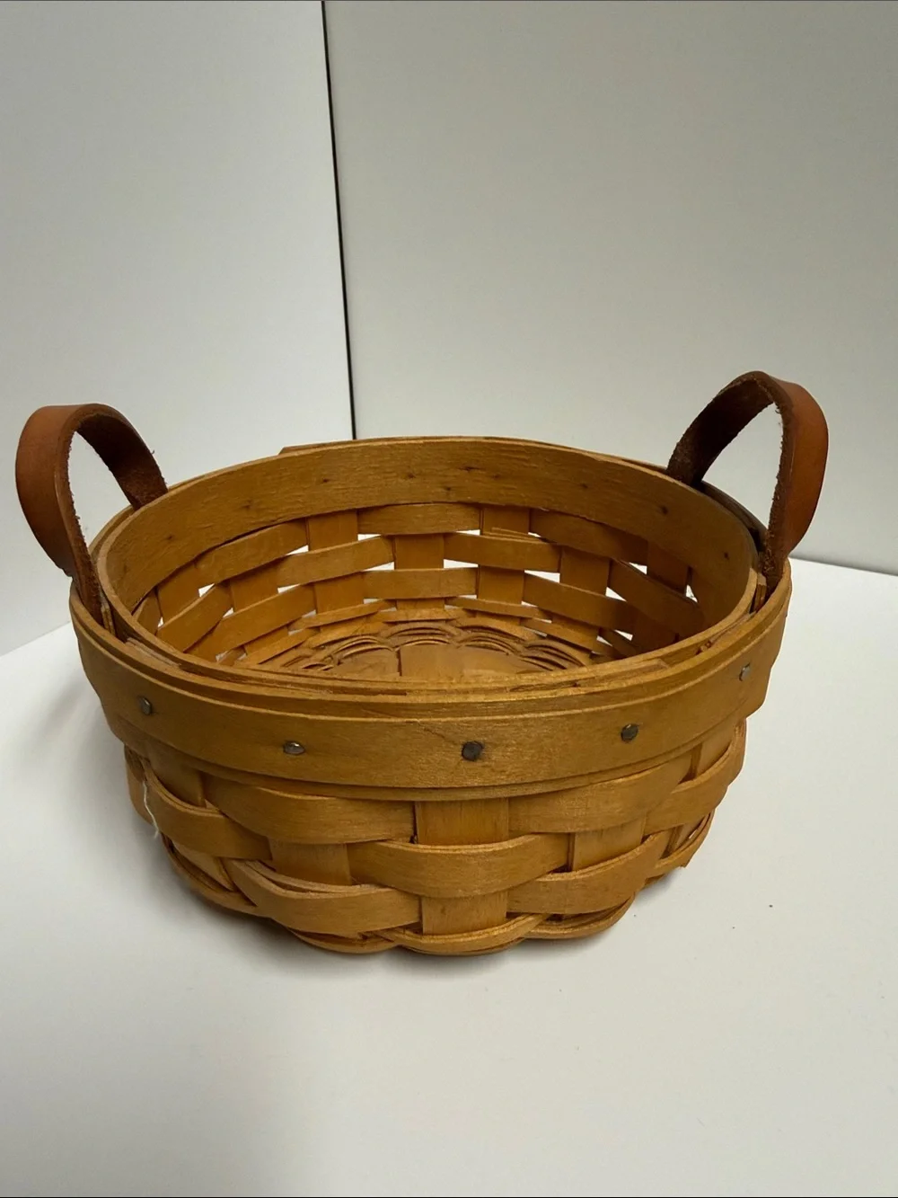 Longaberger Tan-Brown Woven Wood Basket with Leather Handles